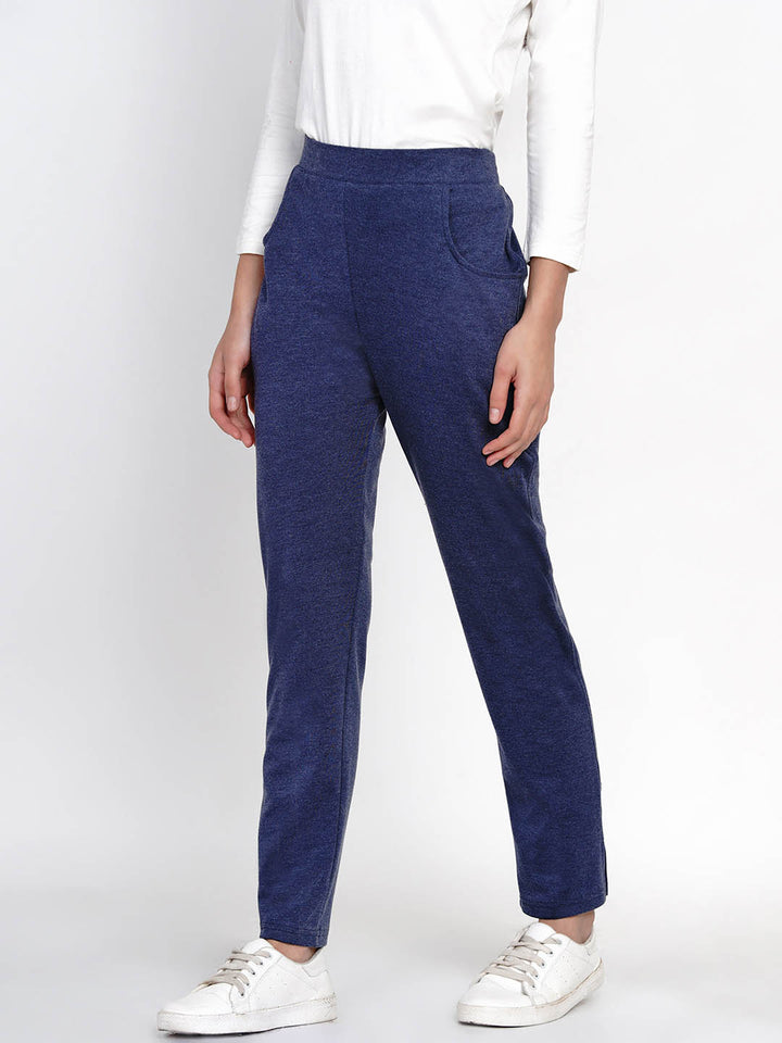 Navy Blue Cotton Solid Track Pants
