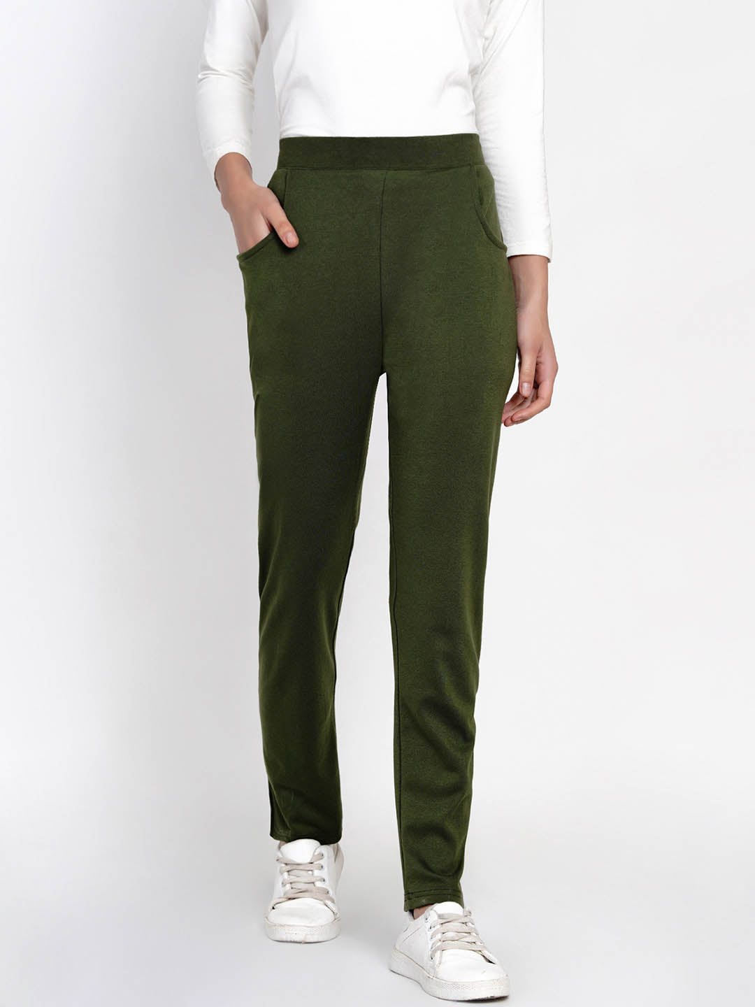 Olive Green Cotton Solid Track Pants