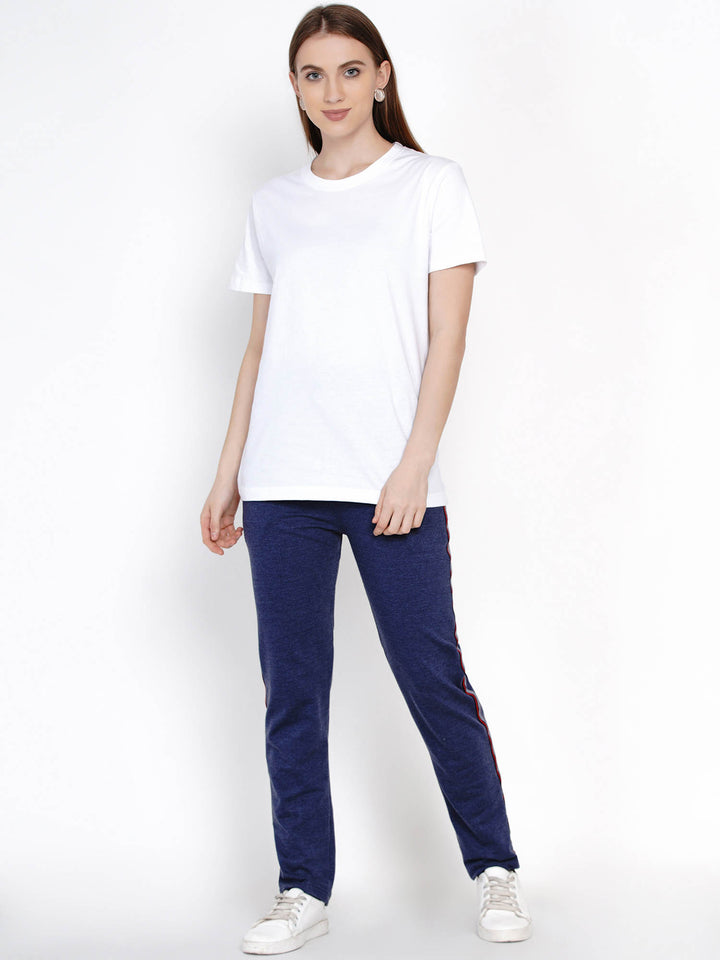 Blue Knit Solid Track Pant With Side Tapes