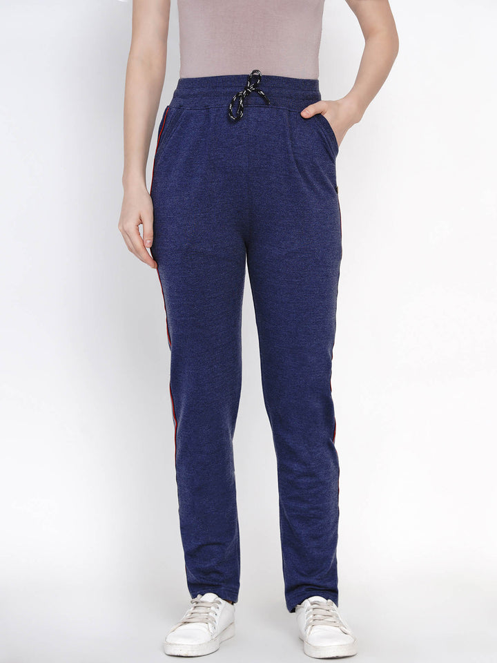 Blue Knit Solid Track Pant With Side Tapes