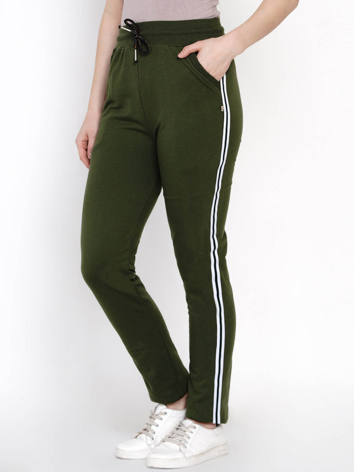 Olive Green Solid Track Pant With Side Tapes