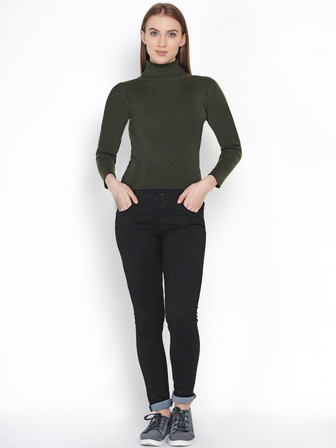 Olive Green Winter Acrylic High Neck Sweater