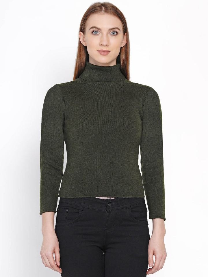 Olive Green Winter Acrylic High Neck Sweater
