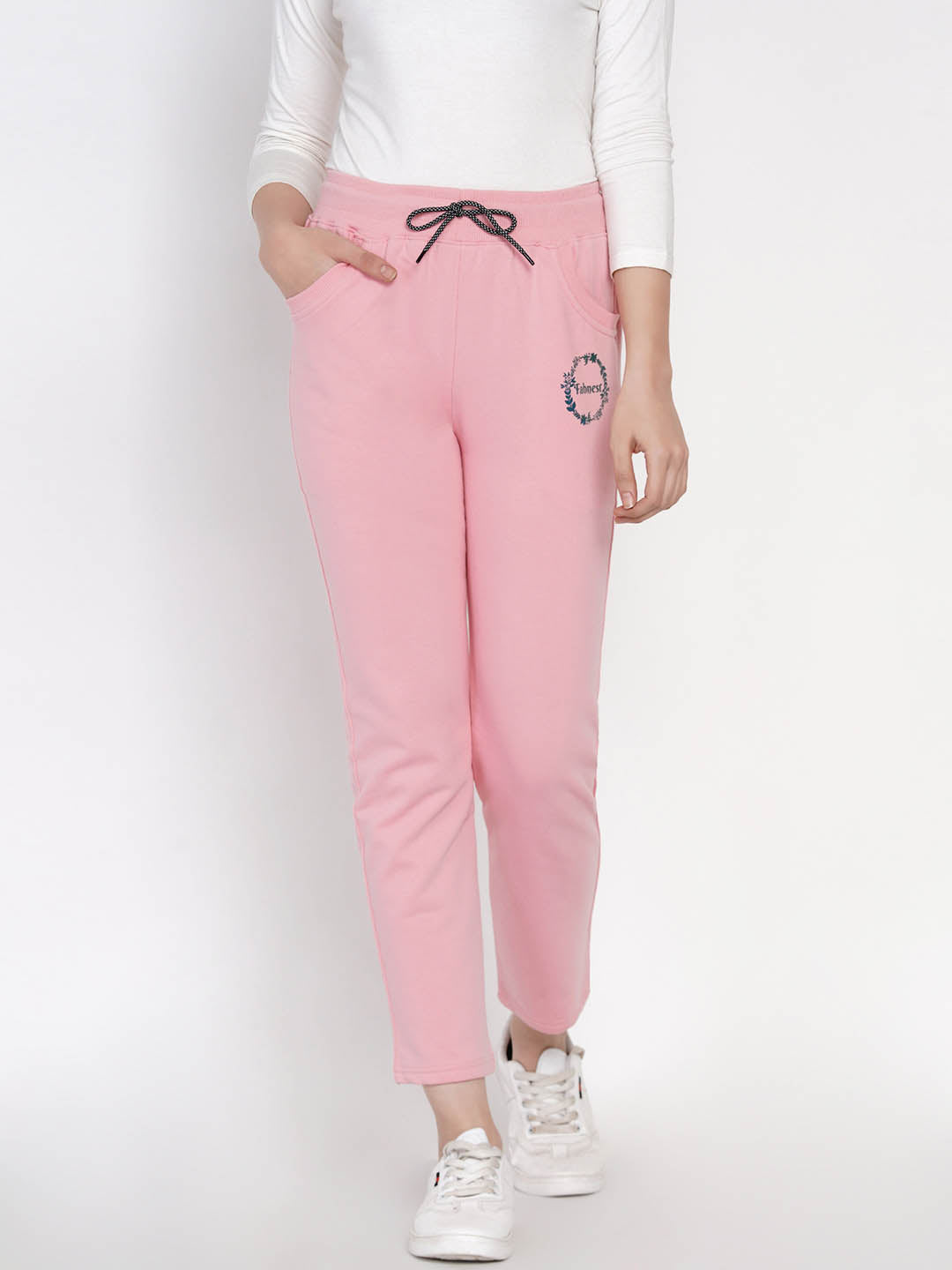 Baby Pink Fleece Solid Printed Track Pants