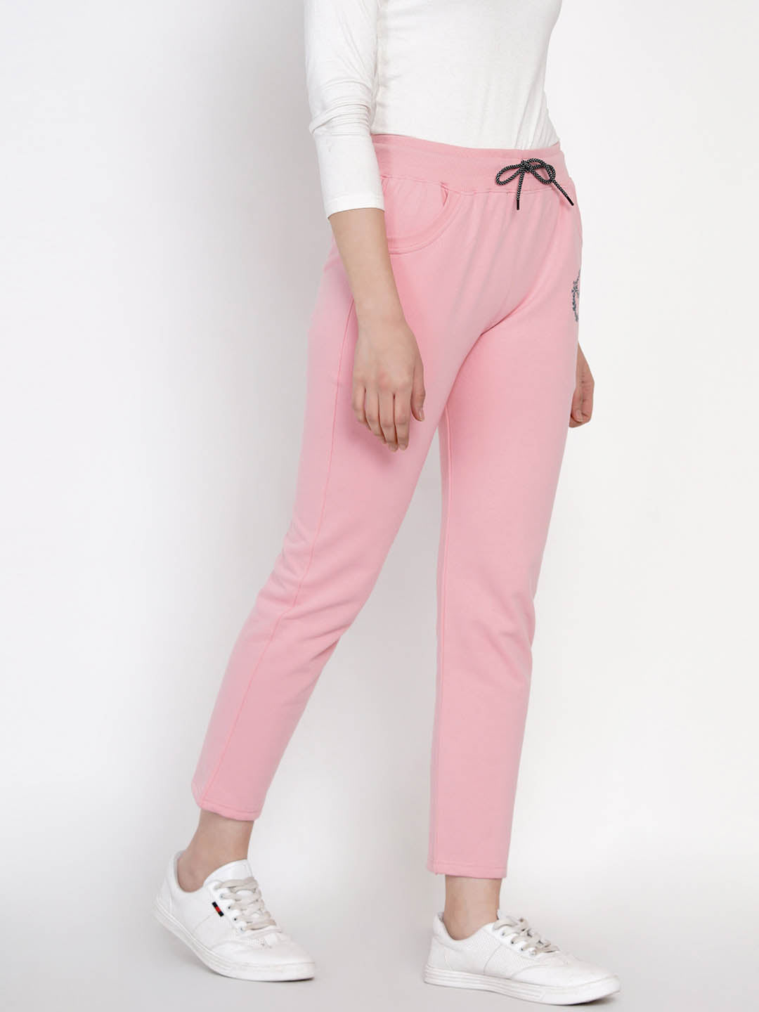 Baby Pink Fleece Solid Printed Track Pants