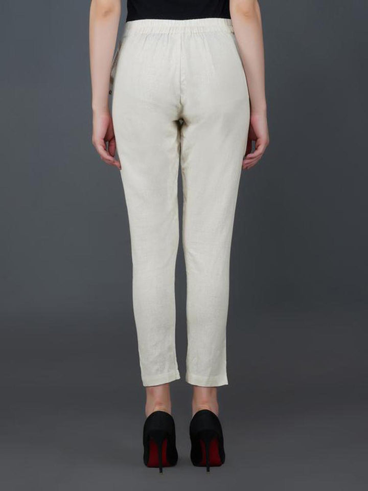 Off White Cotton Flex Pant With Pockets