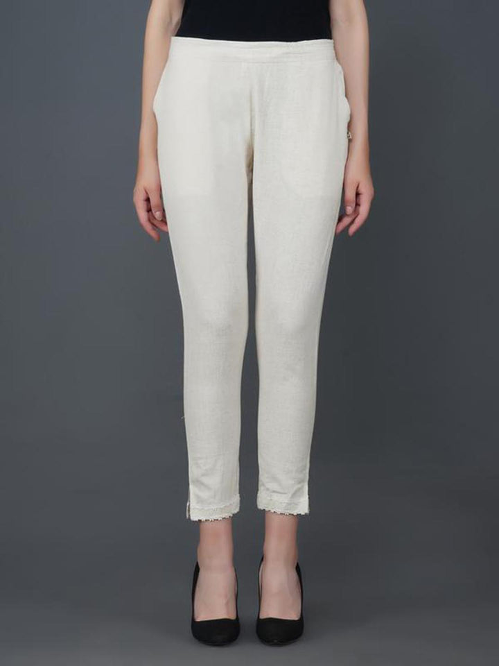 Off White Pant With Lace Work At Hem