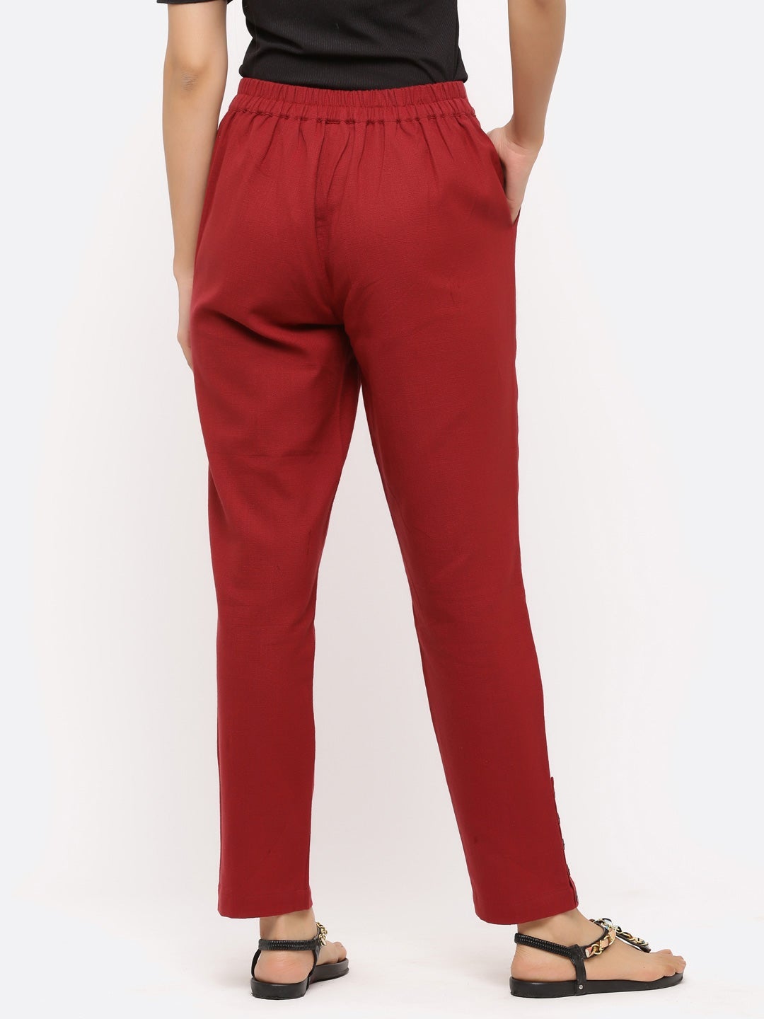 Persian Red Solid Cotton Slub Casual Pants
