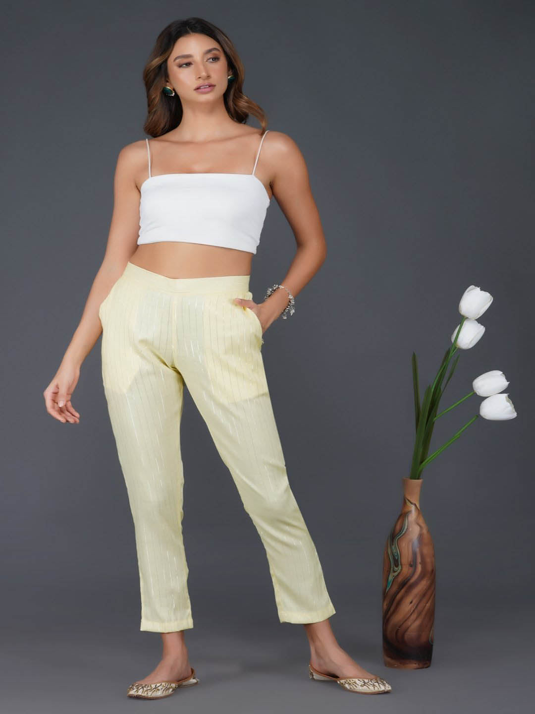 Lemon Yellow Cotton Linen Straight Pants