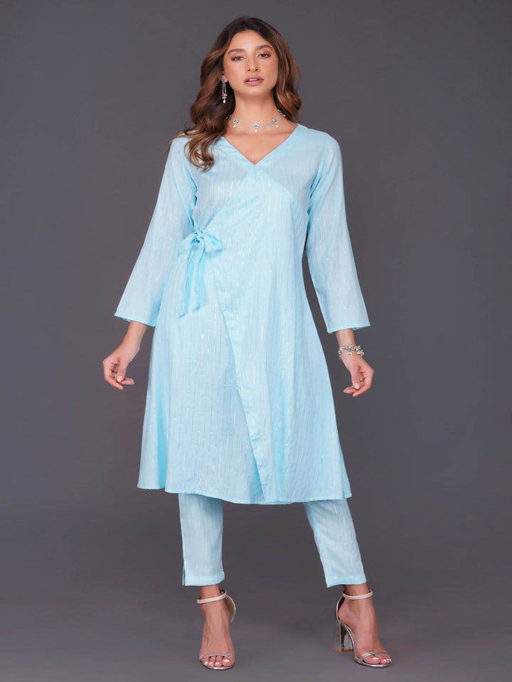 Sky Blue Cotton Linen Angrakha Kurta Only