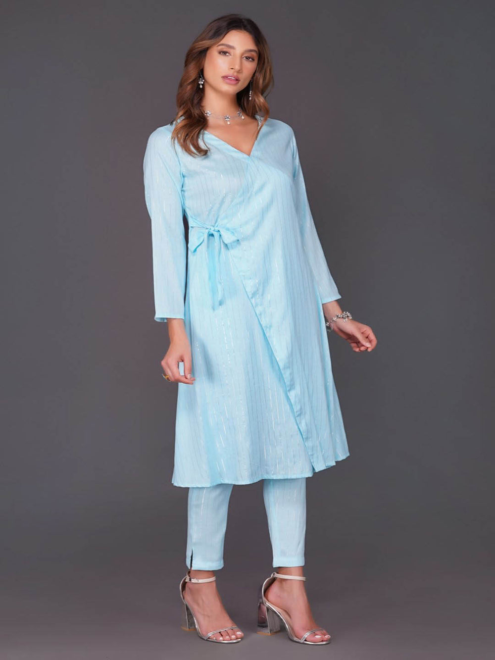 Sky Blue Cotton Linen Angrakha Kurta Only