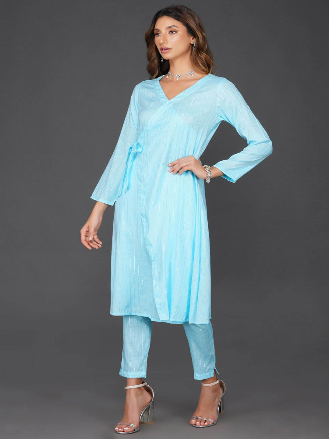 Sky Blue Cotton Linen Angrakha Kurta Only