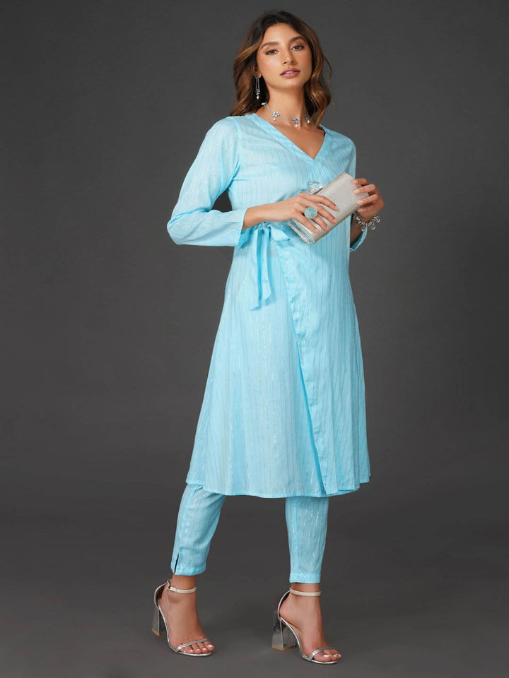 Sky Blue Cotton Linen Angrakha Kurta Only