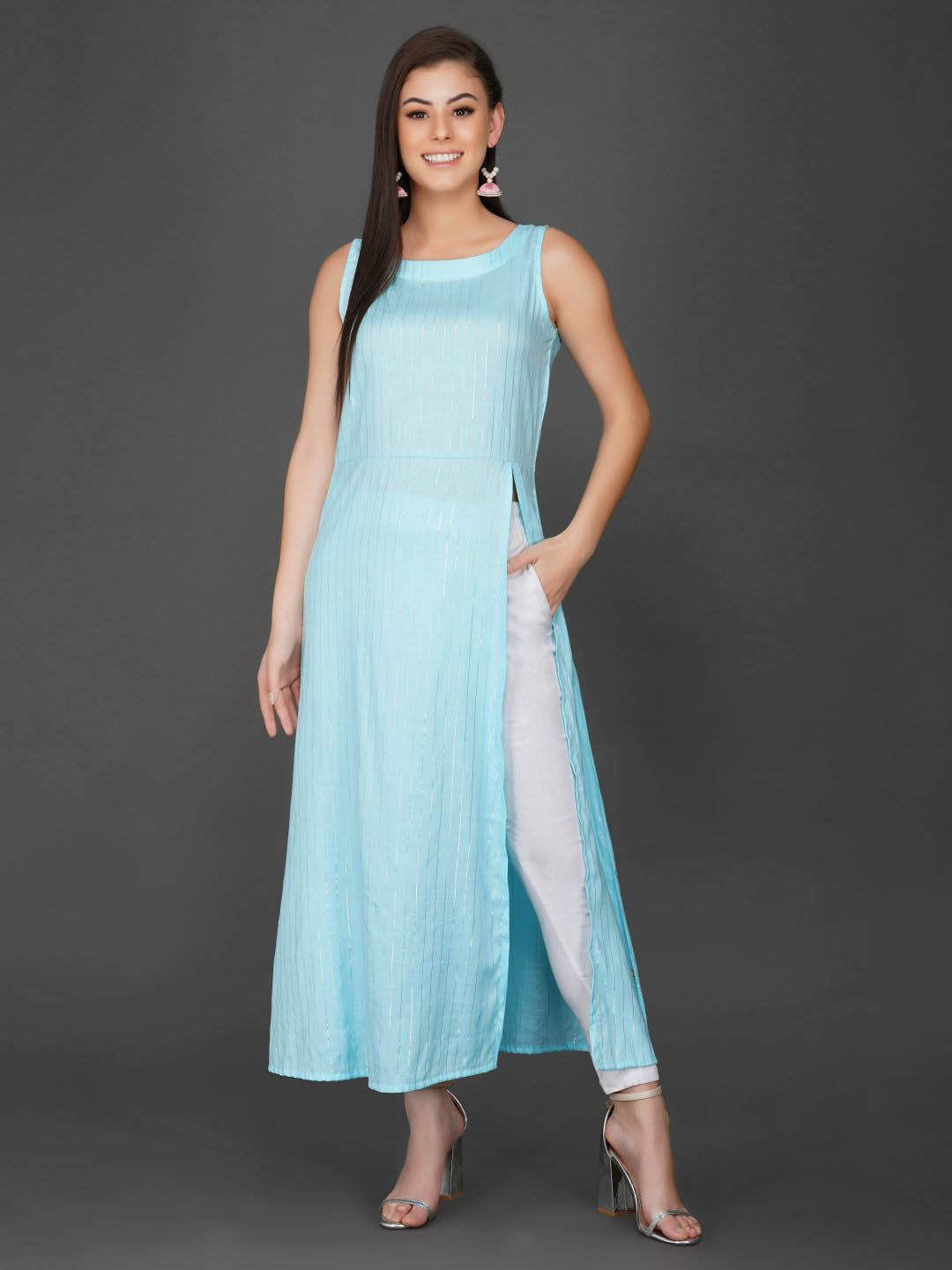 Sky Blue Sleeveless Kurta Only