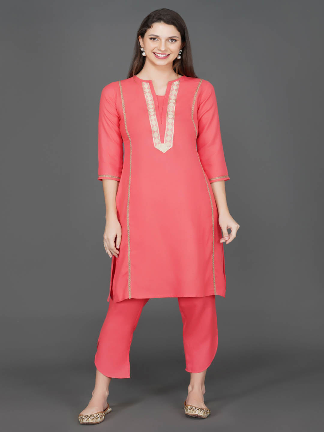 Pink Lace And Gota Embesllised Kurta Only