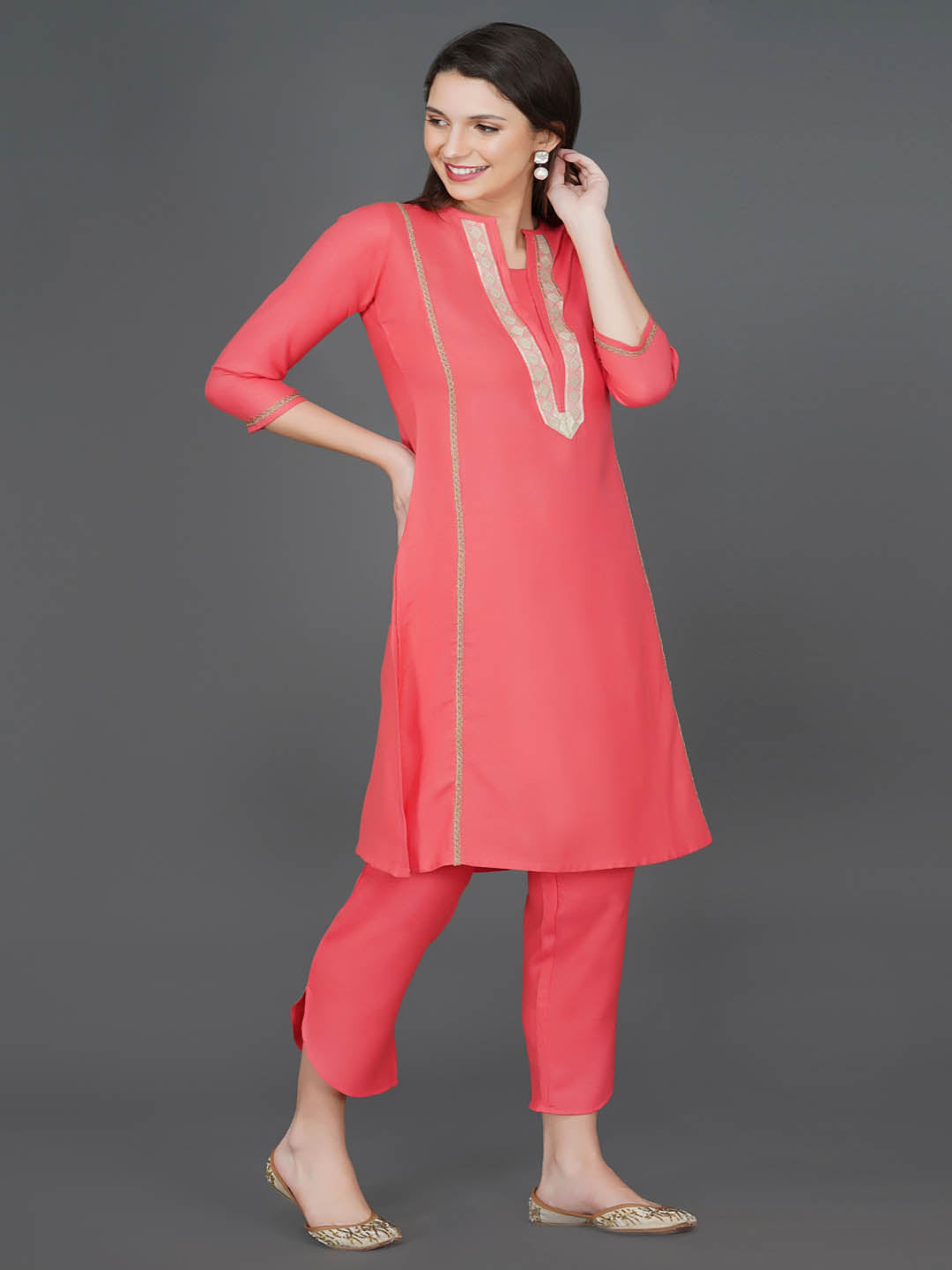 Pink Lace And Gota Embesllised Kurta Only
