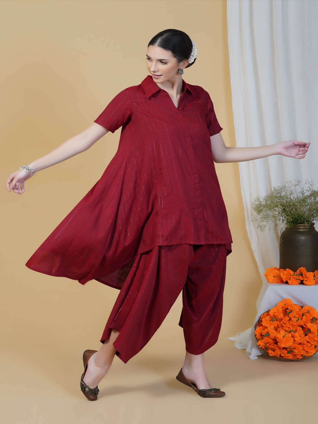 Maroon Assymetrical Kurta And Loose Pants Set