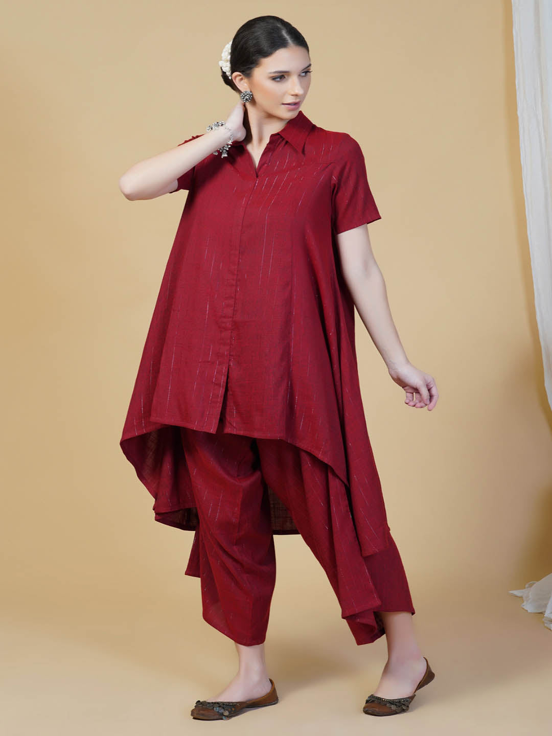 Maroon Assymetrical Kurta And Loose Pants Set