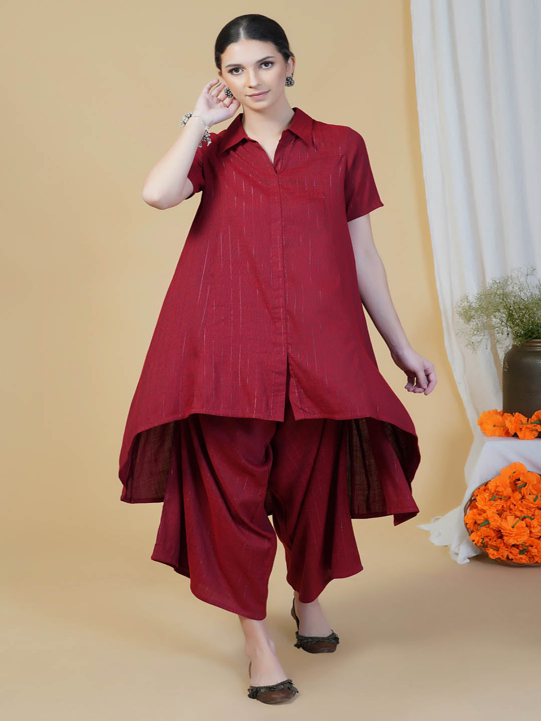 Maroon Assymetrical Kurta And Loose Pants Set