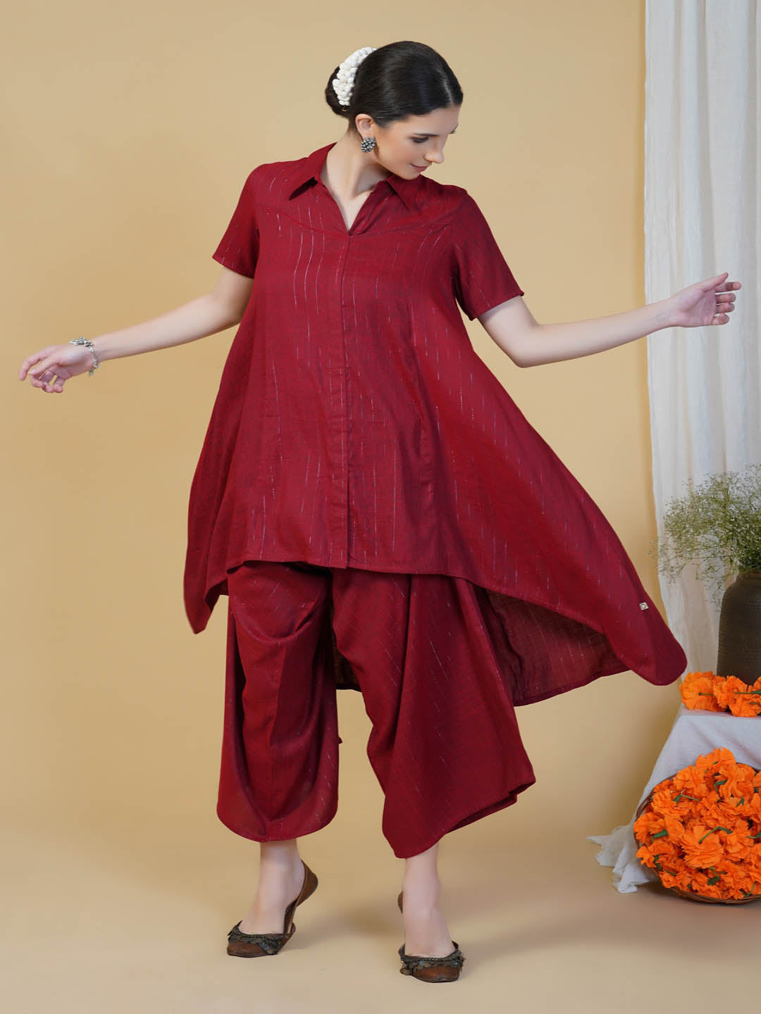 Maroon Assymetrical Kurta And Loose Pants Set