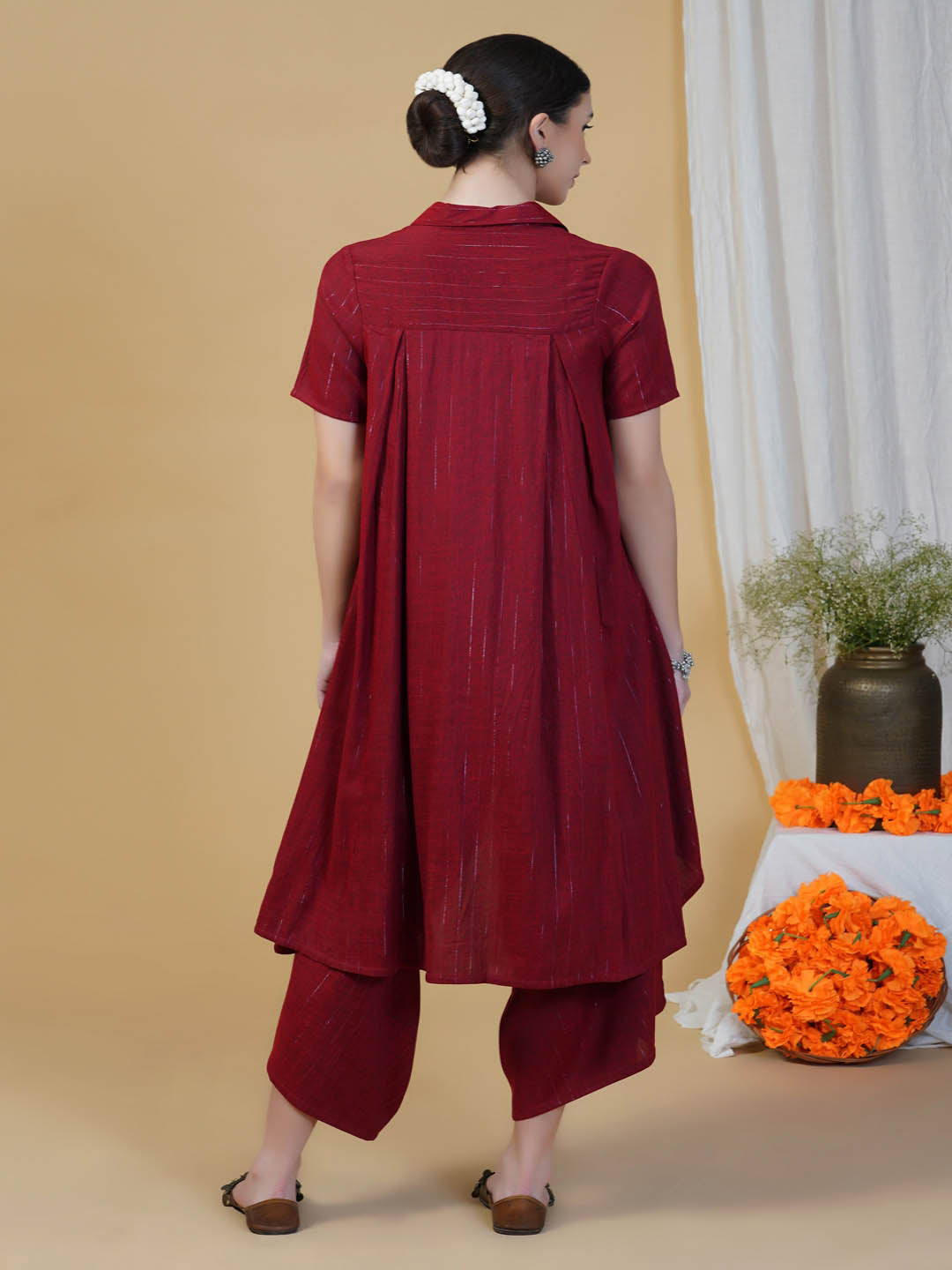 Maroon Assymetrical Kurta And Loose Pants Set