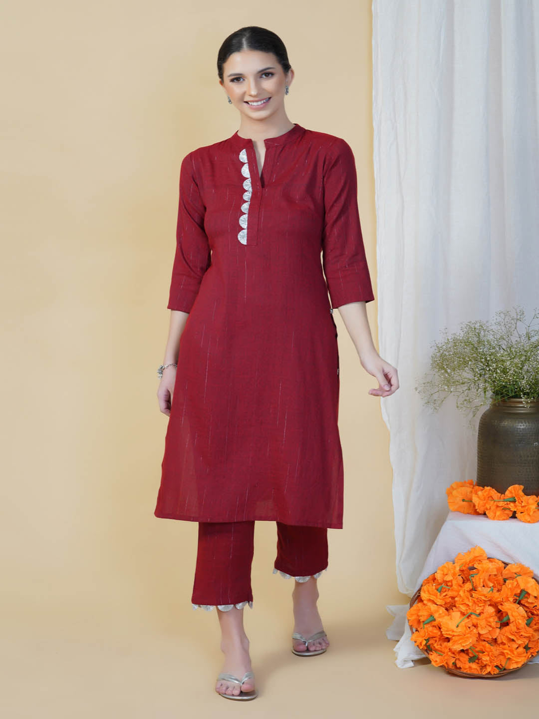 Maroon Cotton Straight Kurta Pant Set