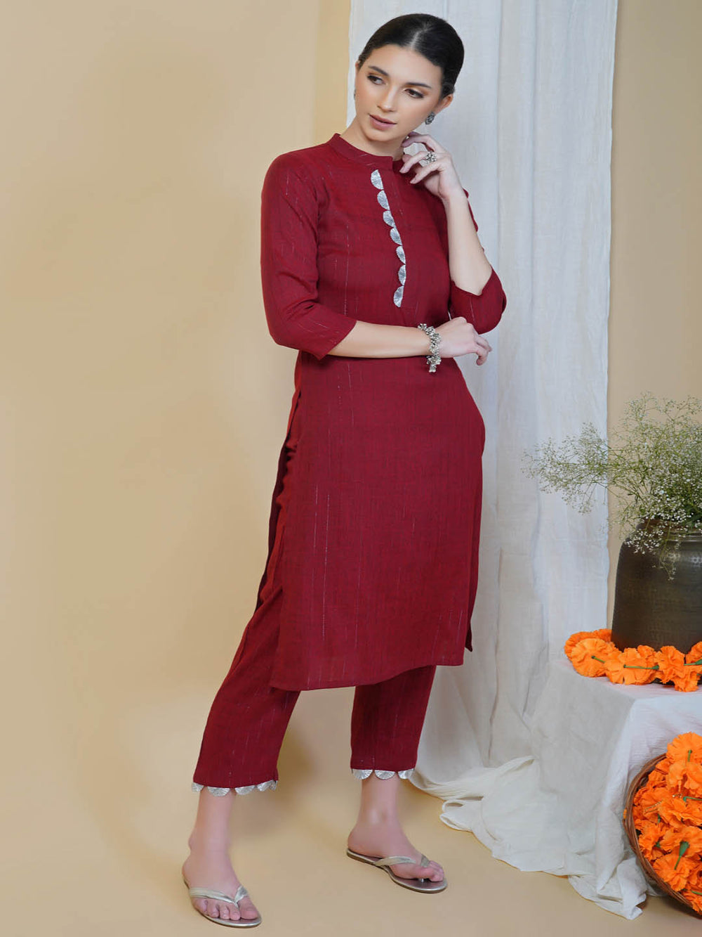 Maroon Cotton Straight Kurta Pant Set