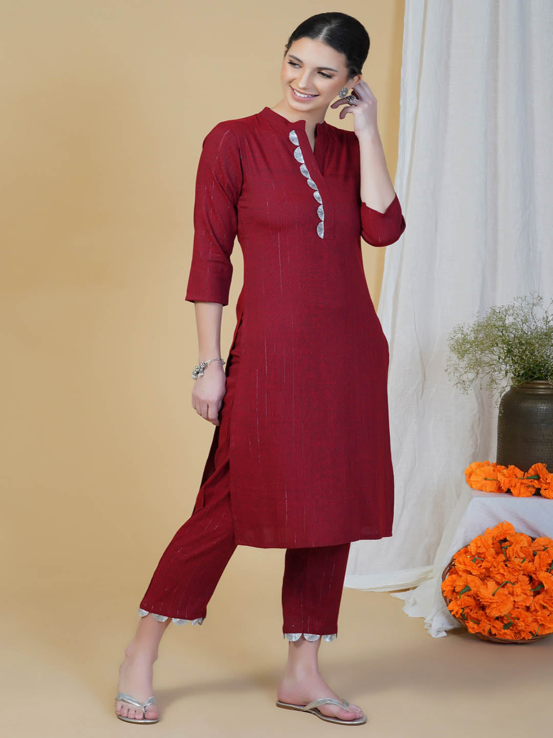 Maroon Cotton Straight Kurta Pant Set