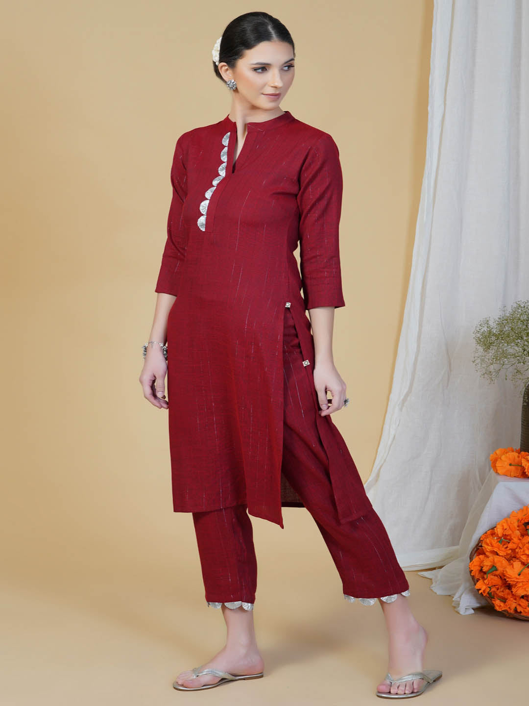 Maroon Cotton Straight Kurta Pant Set