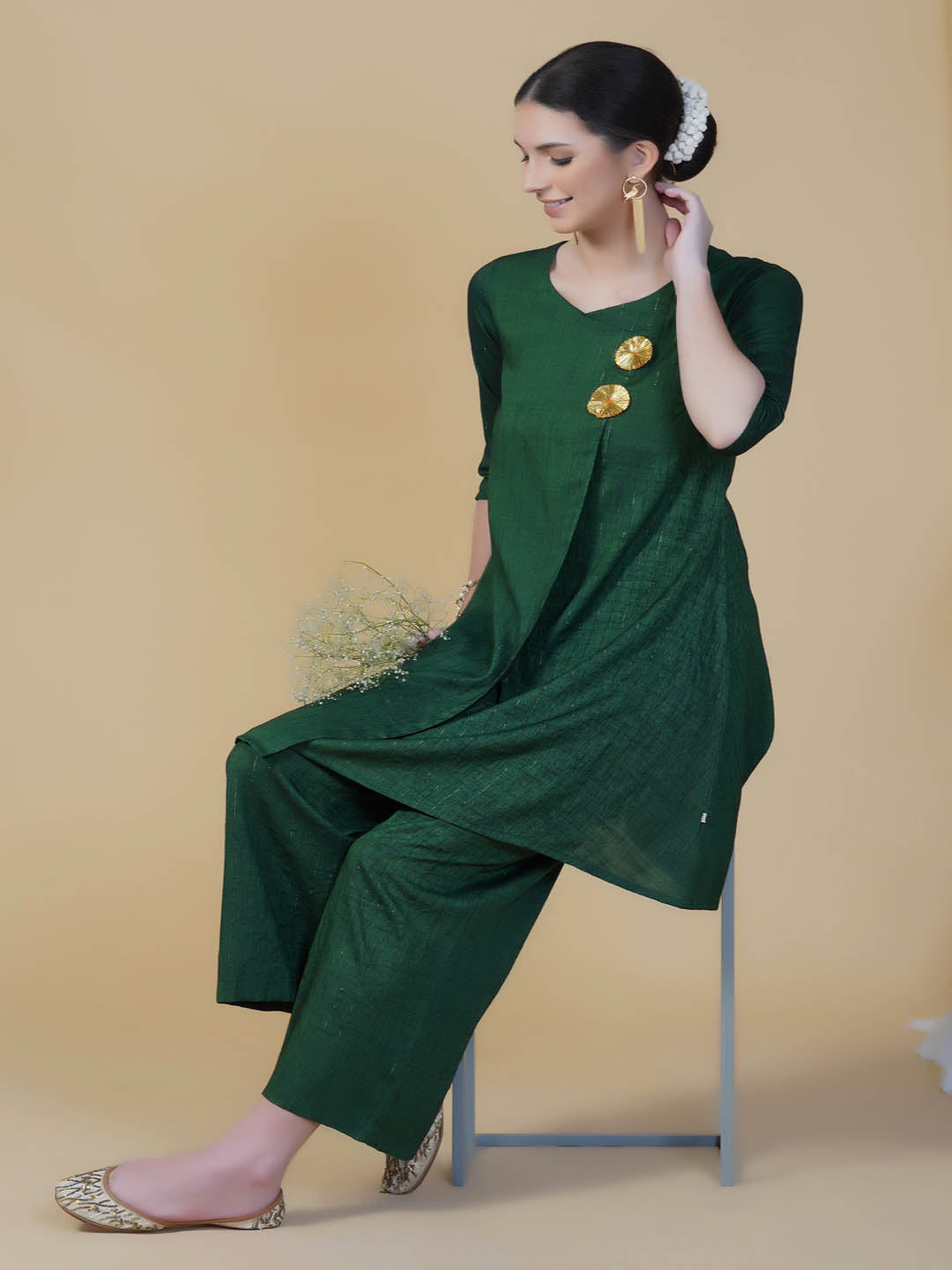 Green Lurex A-Line Kurta Pants Set