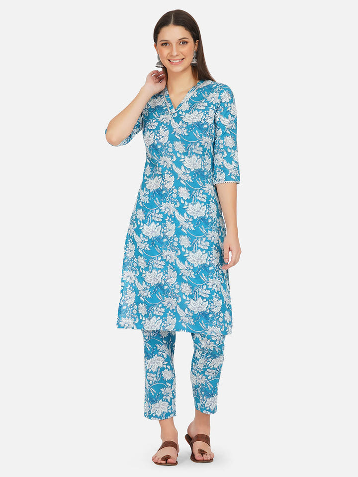 Blue Floral Printed Straight Kurta Set