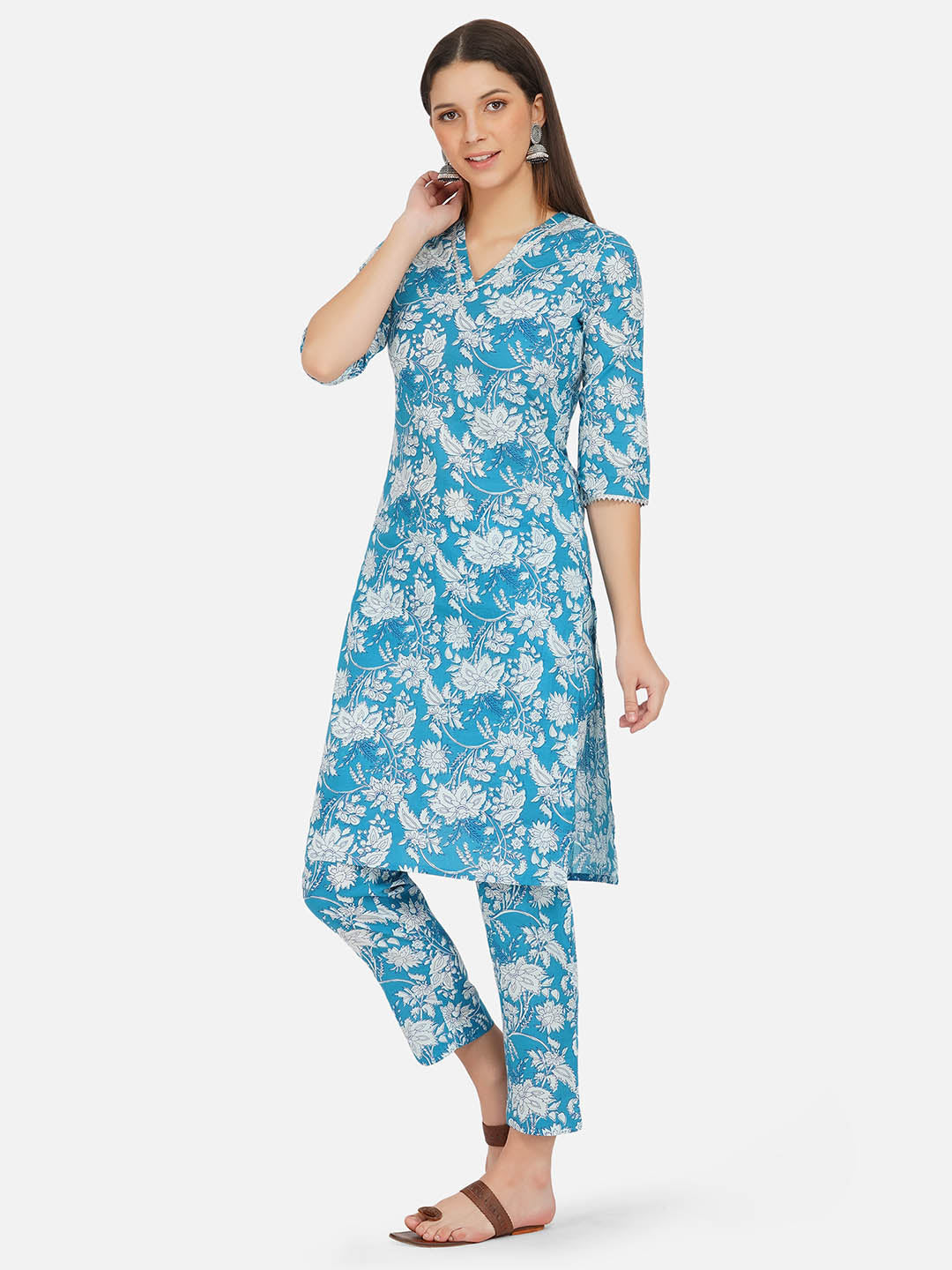 Blue Floral Printed Straight Kurta Set