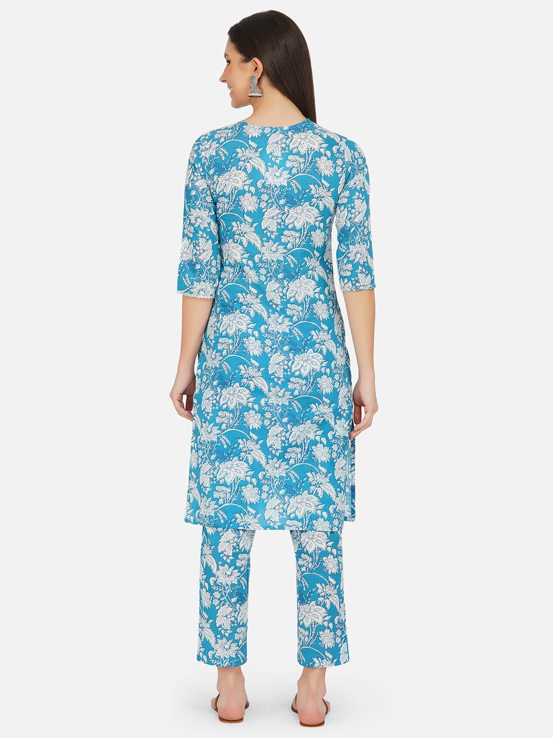 Blue Floral Printed Straight Kurta Set