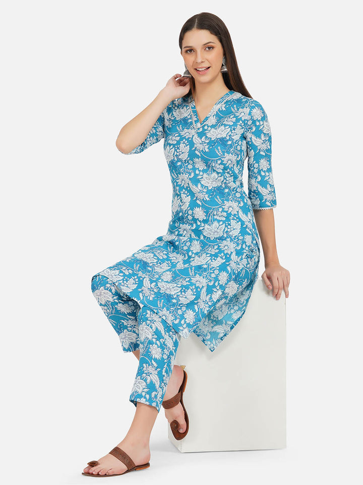 Blue Floral Printed Straight Kurta Set