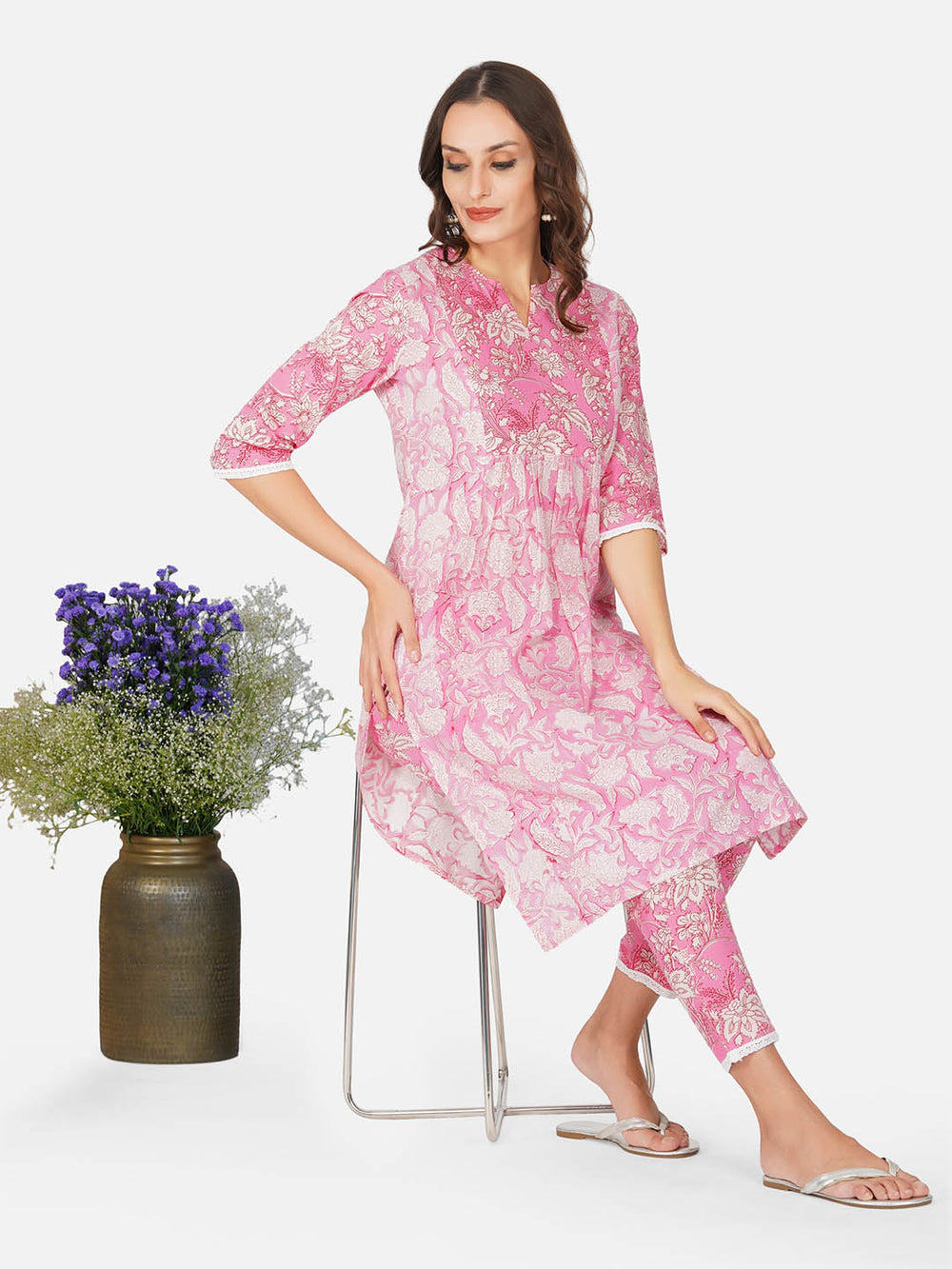 Pink Cotton Hand Block Print Kurta Set