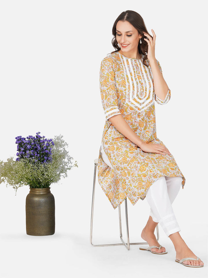 Yellow Cotton Hand Block Print Kurta Set