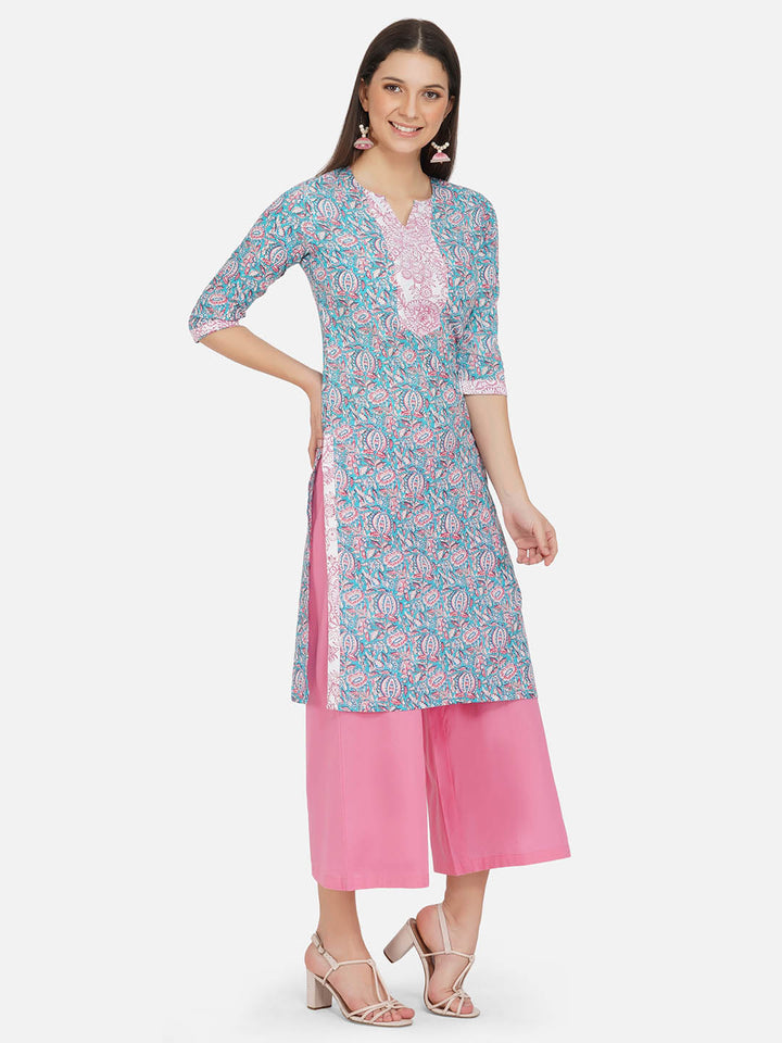 Cotton Blue Printed Kurta Set