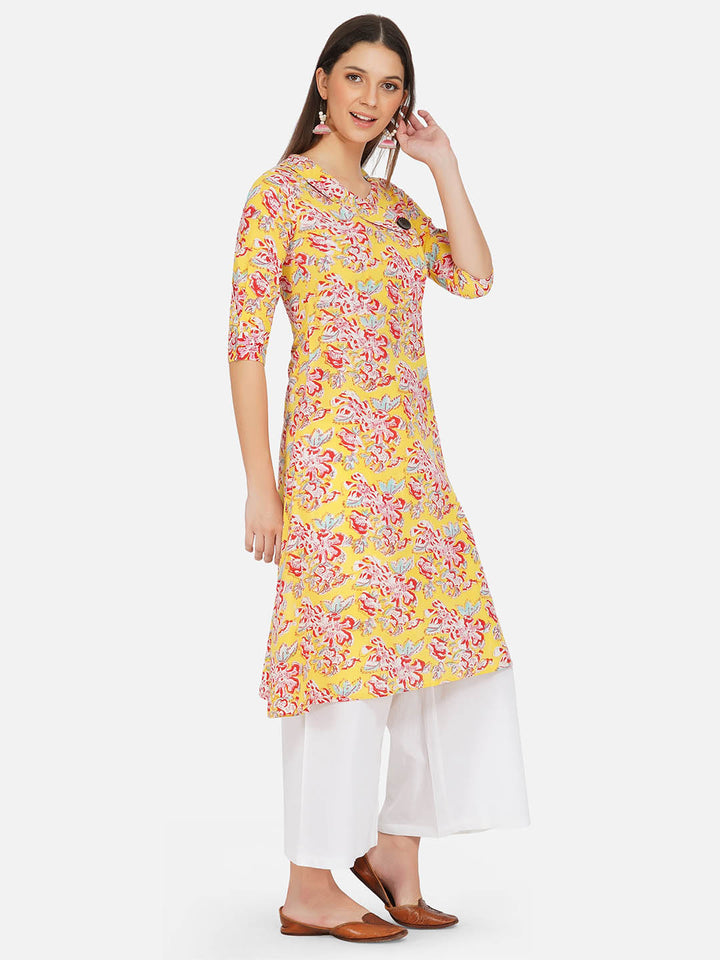 Cotton Yellow Floral Print Kurta Set