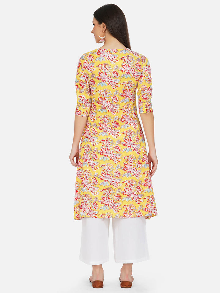 Cotton Yellow Floral Print Kurta Set