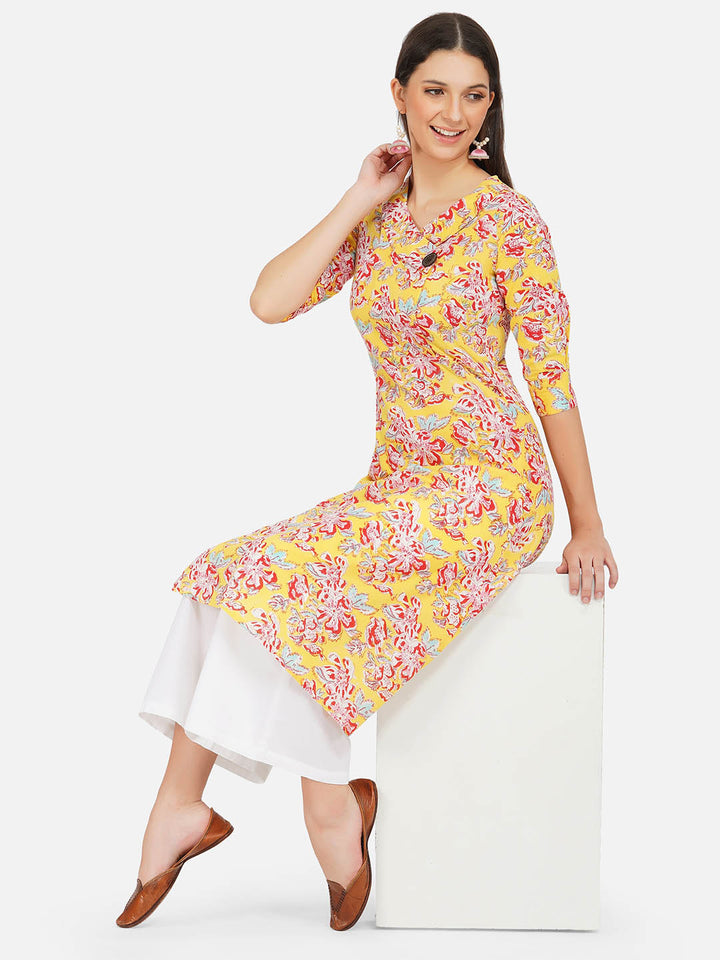 Cotton Yellow Floral Print Kurta Set