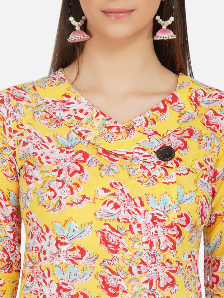 Cotton Yellow Floral Print Kurta Set