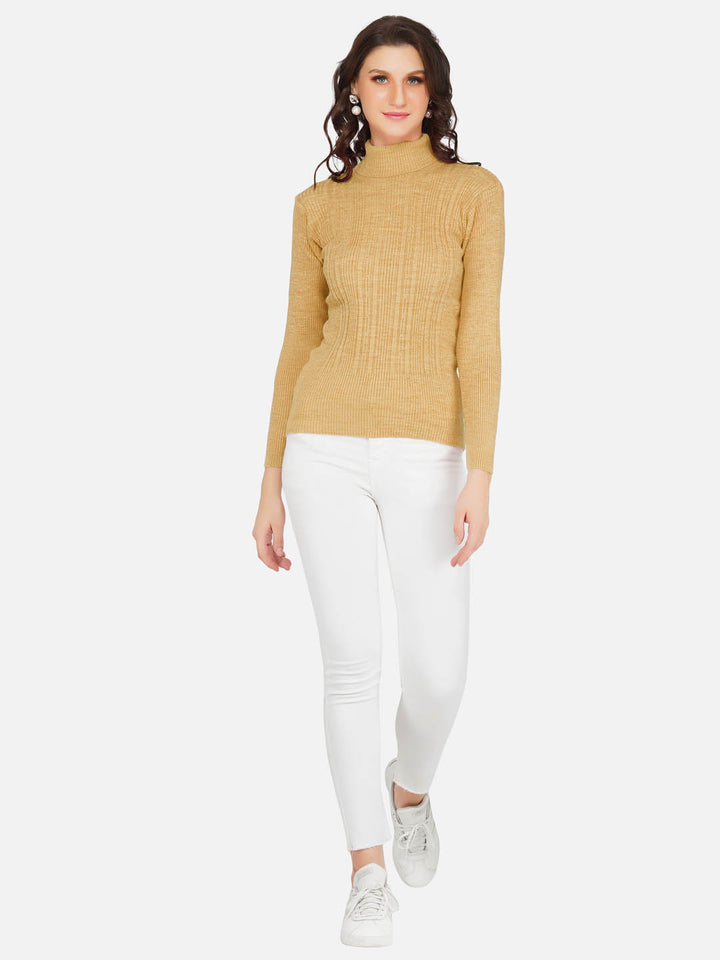 Beige Cable Design High Neck Knitted Sweater