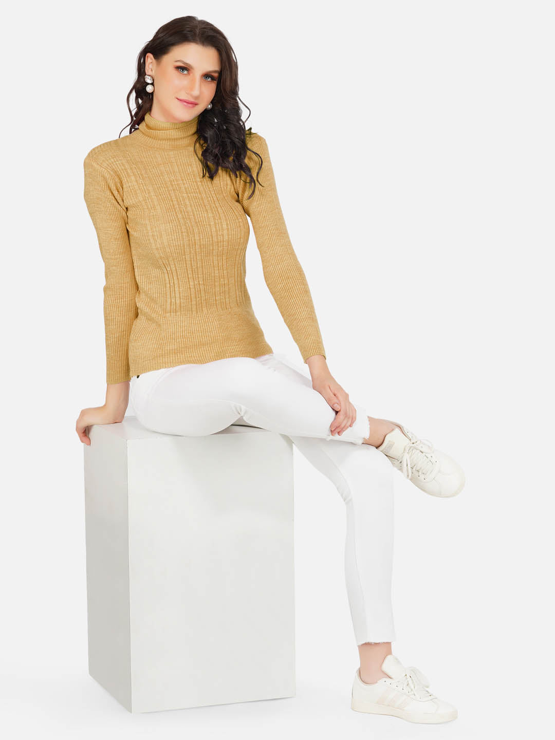 Beige Cable Design High Neck Knitted Sweater