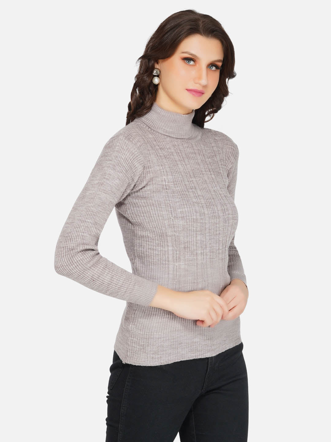 Grey Cable Design High Neck Knitted Sweater