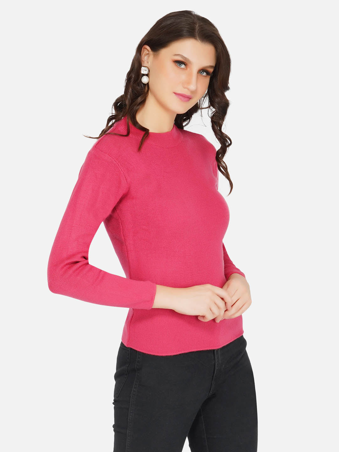 Hot Pink Round Neck Knitted Sweater