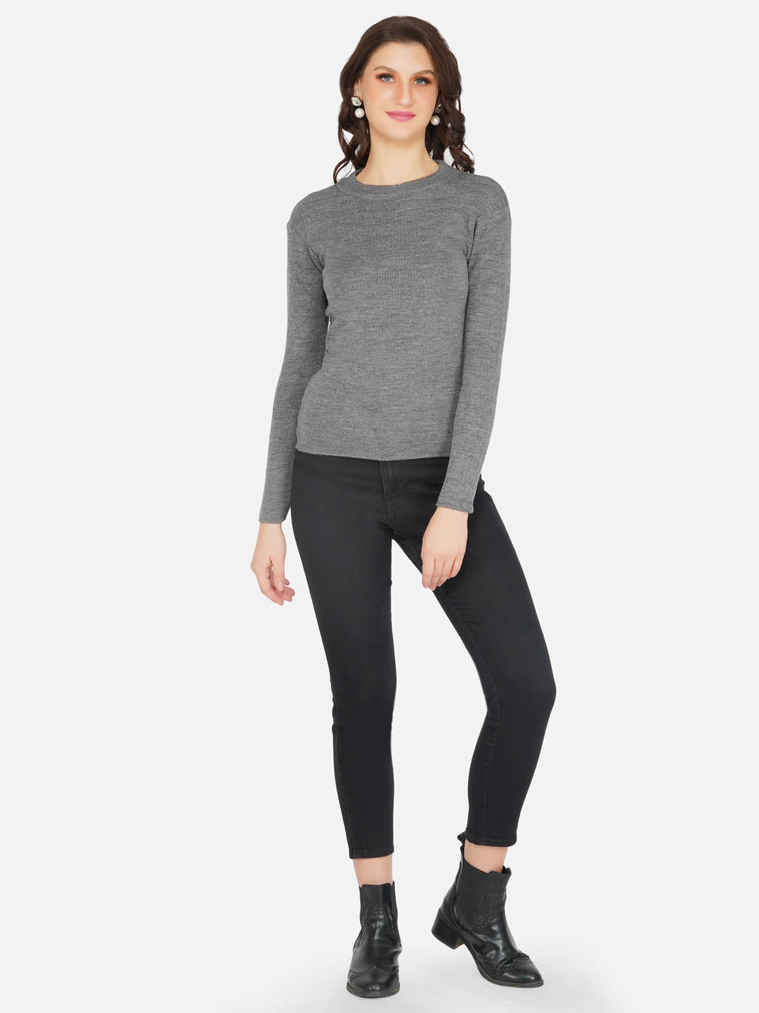 Grey Round Neck Knitted Sweater