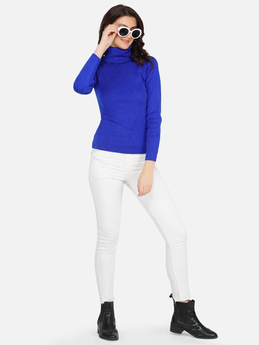 Blue Plain High Neck Knitted Sweater