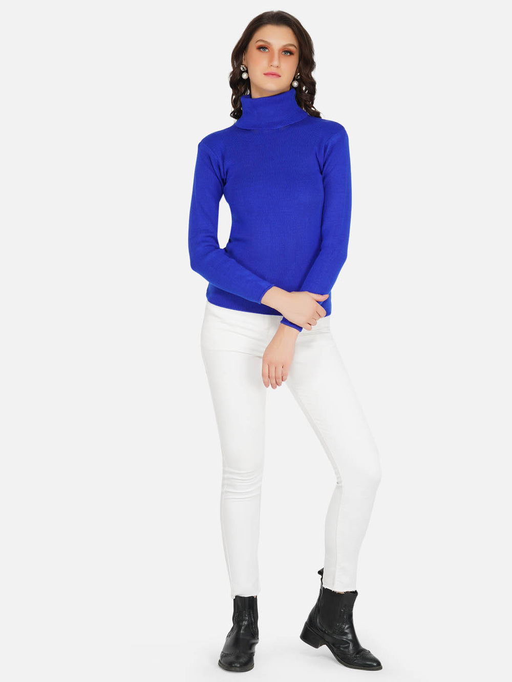 Blue Plain High Neck Knitted Sweater