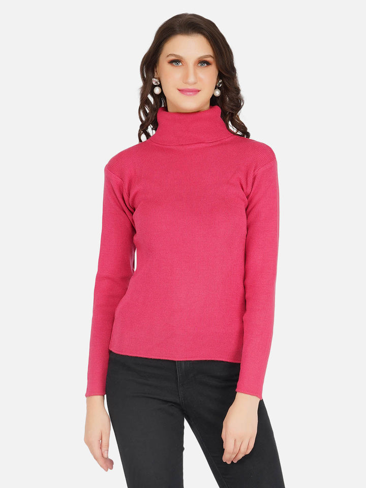 Hot Pink Plain High Neck Knitted Sweater