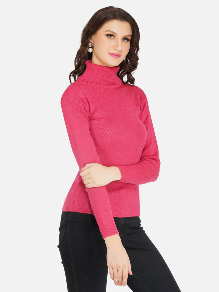 Hot Pink Plain High Neck Knitted Sweater